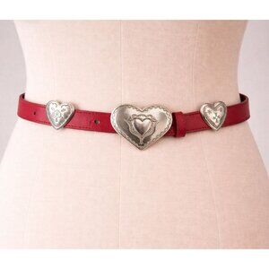 Vintage 90's Brighton Women’s Heart Concho Leather Belt Size Small Red Silver